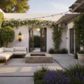 Photorealistic wide-angle shot of a luxurious Mediterranean courtyard garden at golden hour, featuring whitewashed stucco walls, a sleek charcoal modular sofa, weathered copper lanterns, a central water feature, potted citrus trees, and ambient string lights, with dappled sunlight filtering through pergola slats.