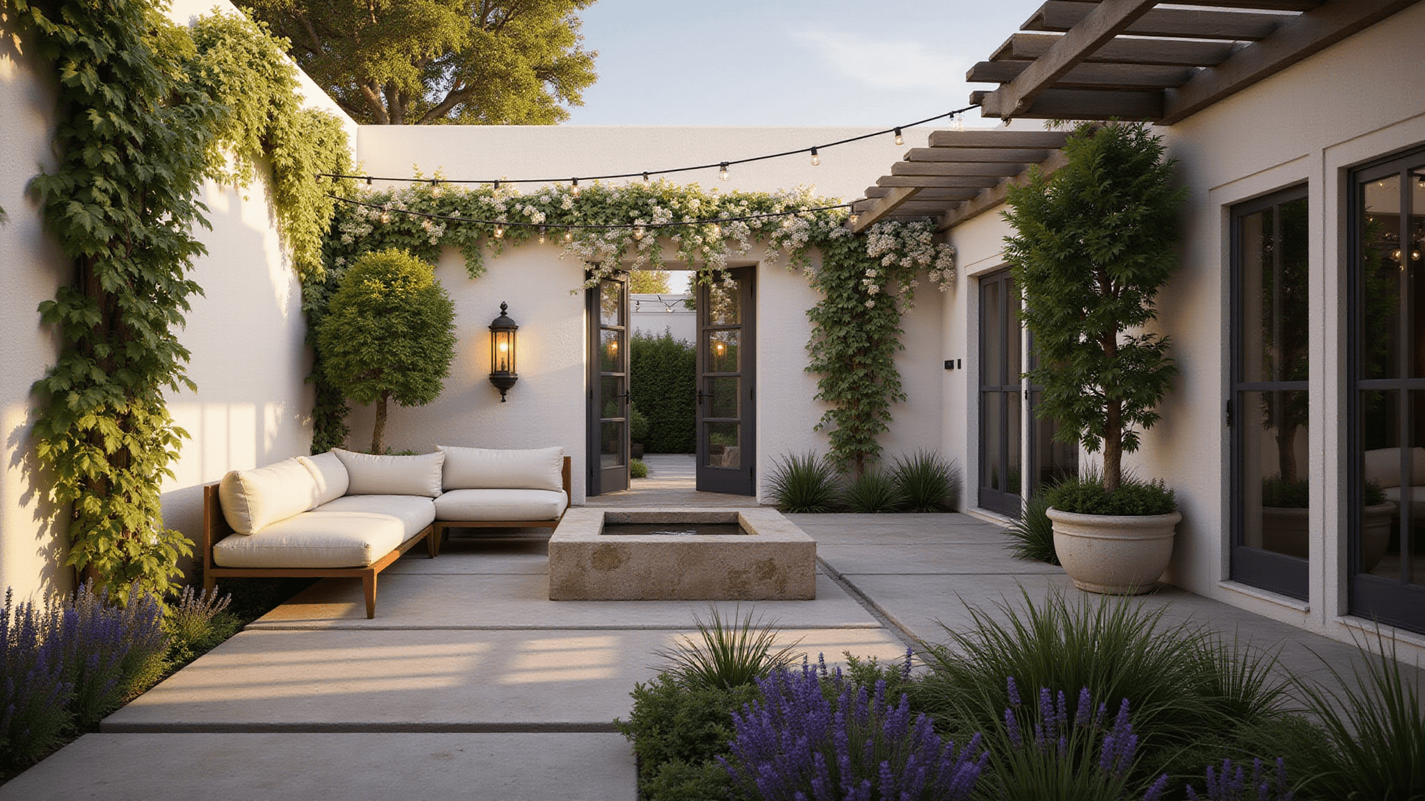 Photorealistic wide-angle shot of a luxurious Mediterranean courtyard garden at golden hour, featuring whitewashed stucco walls, a sleek charcoal modular sofa, weathered copper lanterns, a central water feature, potted citrus trees, and ambient string lights, with dappled sunlight filtering through pergola slats.