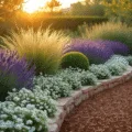 Photorealistic garden scene at sunset featuring layered plants: tall lavender and grasses backlit by warm light, silver-green lamb's ear and boxwood in the middle, cascading white alyssum and creeping thyme in front, with natural limestone edging, terracotta pots, and a vintage bench. Dynamic shadows and textures highlighted in a warm color palette.