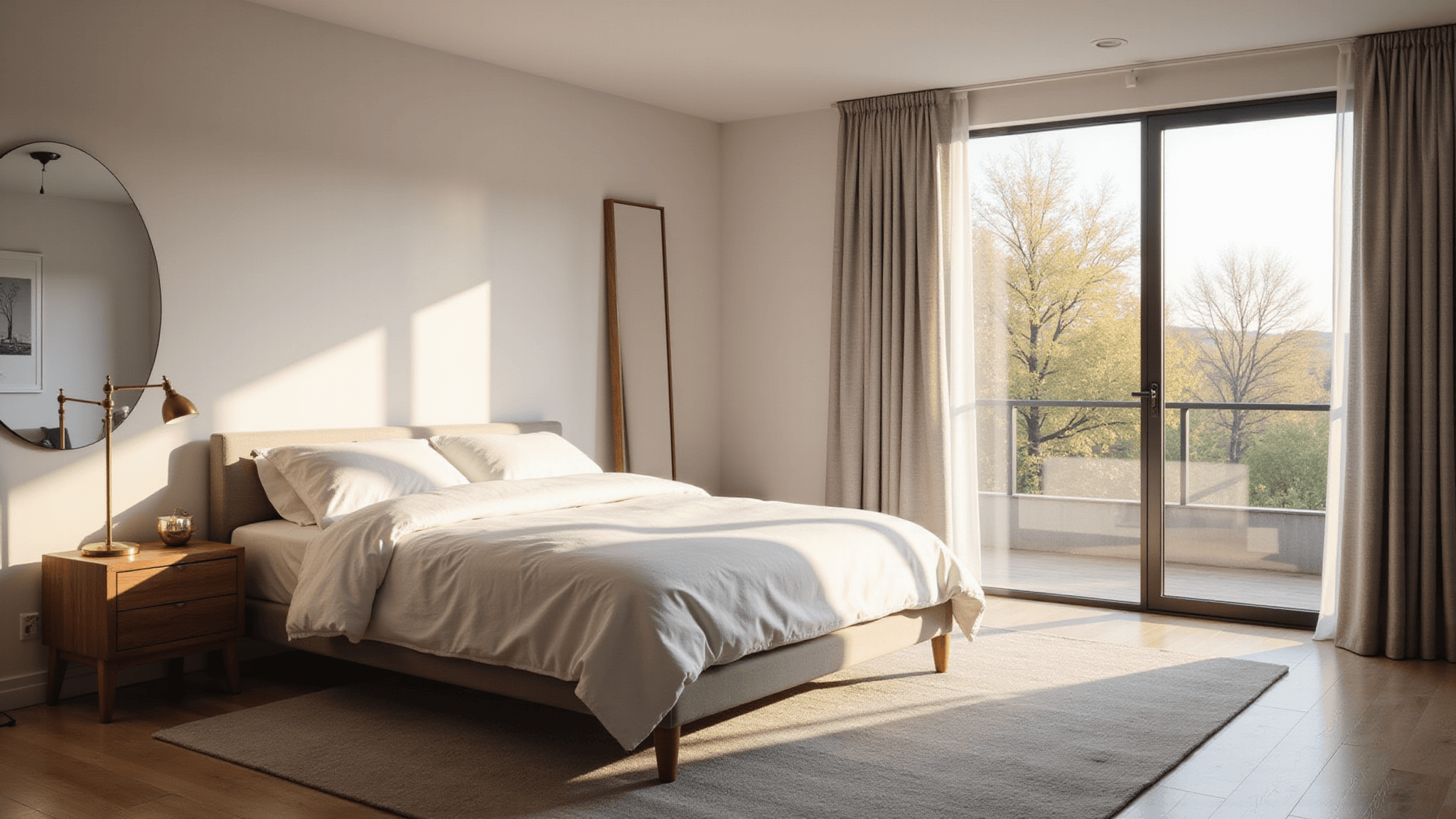 A minimalist Scandinavian bedroom bathed in morning light, featuring a queen bed with white linens, brass accents, walnut nightstands, and hardwood floors, complemented by a floor-length mirror and dramatic shadows.