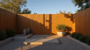 Bamboo Garden Fence Ideas: Transform Your Outdoor Space with Natural Elegance Cinematic wide-angle shot of a contemporary bamboo privacy fence during golden hour, showcasing vertical bamboo poles casting long shadows over a minimalist zen garden with raked gravel patterns and succulent planters, against a warm sunset sky.
