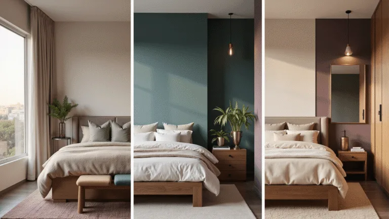 Photorealistic interior design of a luxurious contemporary bedroom, split-screen showcasing five color palettes: calming neutrals, oceanic blues, botanical greens, vintage grape, and modern sunrise, shot during golden hour in ultra-high-definition 8K quality, emphasizing textures and architectural details.