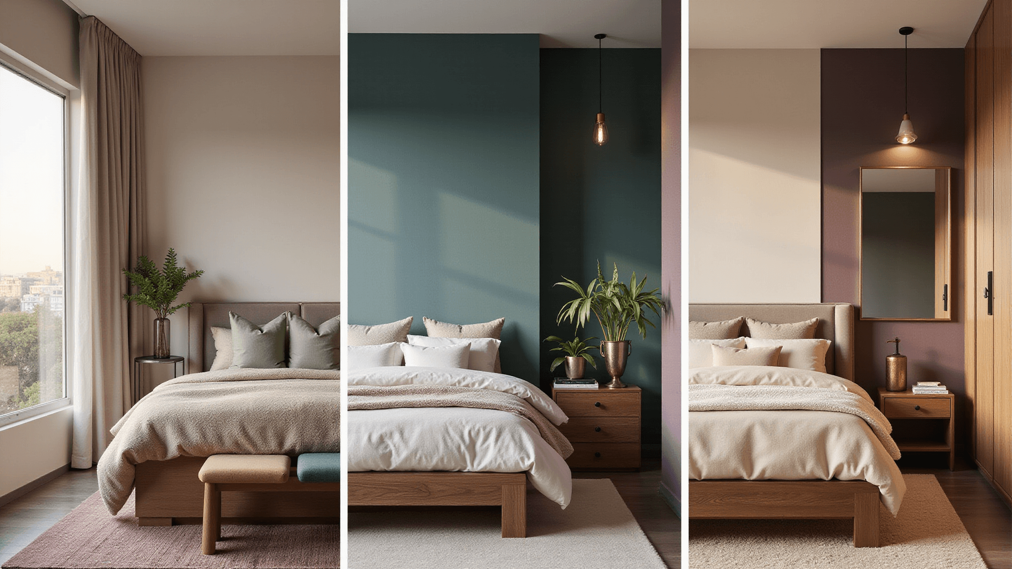 Photorealistic interior design of a luxurious contemporary bedroom, split-screen showcasing five color palettes: calming neutrals, oceanic blues, botanical greens, vintage grape, and modern sunrise, shot during golden hour in ultra-high-definition 8K quality, emphasizing textures and architectural details.