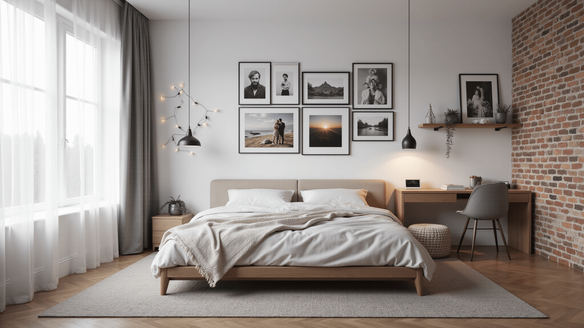 Photorealistic interior design of a modern bedroom featuring five distinct gallery wall styles, including a classic grid of monochromatic photos, a bohemian asymmetrical arrangement with vintage frames, a Scandinavian minimal design with geometric washi tape, a fairy light display with polaroids, and an industrial ledge showcasing mixed media frames. The room includes a platform bed with linen bedding, sheer curtains, and pendant lighting, all set in a contemporary yet cozy style with a color palette of whites, greys, warm neutrals, and muted accents.