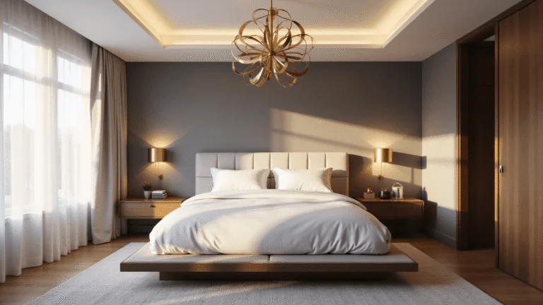 Photorealistic image of a serene modern bedroom at golden hour, featuring a minimalist platform bed, floating walnut nightstands with brass sconces, and a geometric brass chandelier, all elegantly illuminated with layered lighting and rich textures.