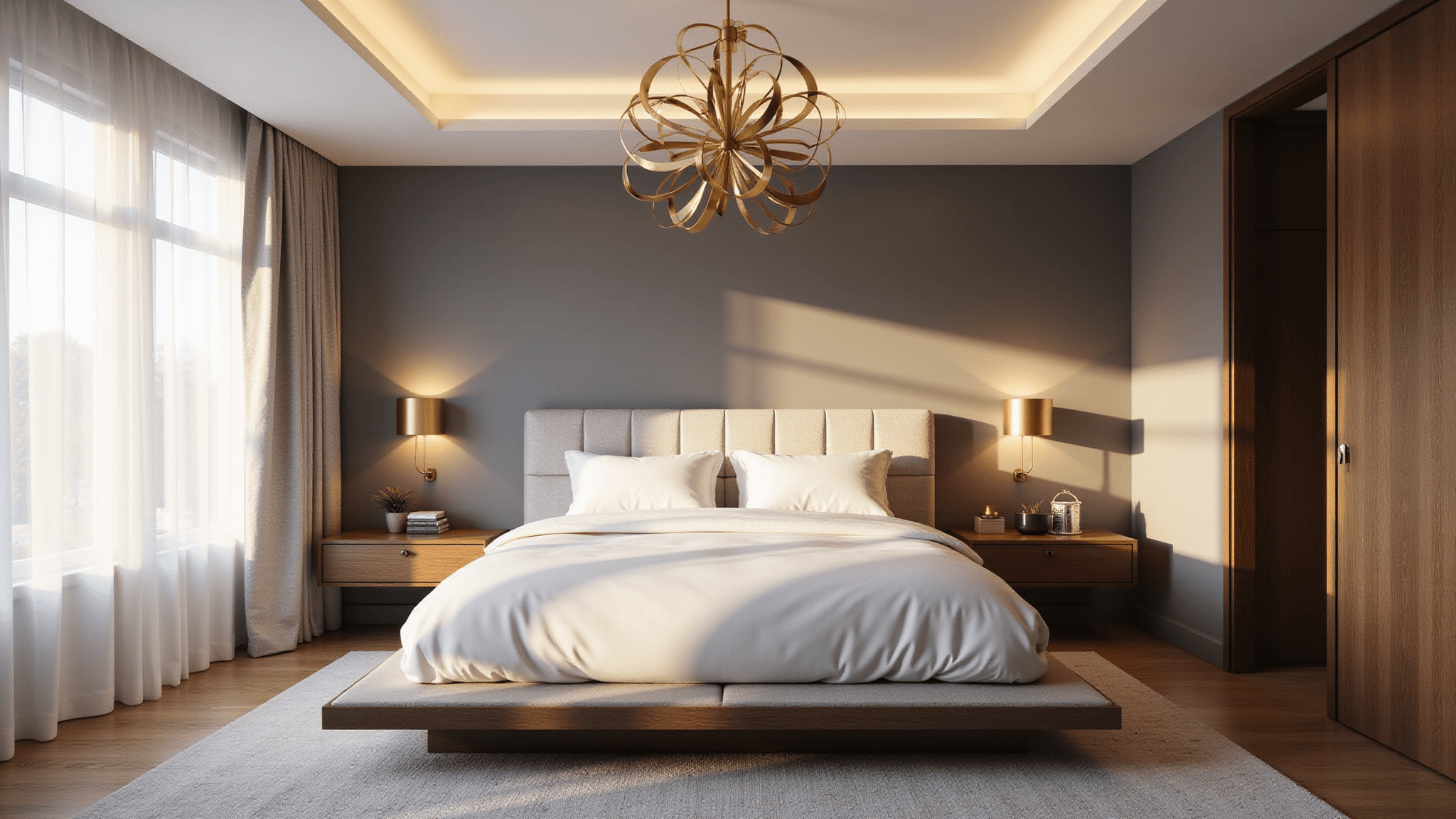 Photorealistic image of a serene modern bedroom at golden hour, featuring a minimalist platform bed, floating walnut nightstands with brass sconces, and a geometric brass chandelier, all elegantly illuminated with layered lighting and rich textures.
