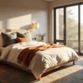 A serene modern bedroom featuring a king-sized bed with cream linen and earthy-toned pillows, bathed in golden morning light from floor-to-ceiling windows, accented by a vintage Persian rug and warm brass sconces, with greenery adding organic elements.