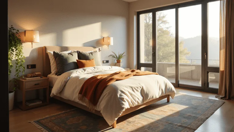 A serene modern bedroom featuring a king-sized bed with cream linen and earthy-toned pillows, bathed in golden morning light from floor-to-ceiling windows, accented by a vintage Persian rug and warm brass sconces, with greenery adding organic elements.