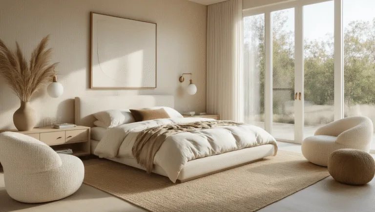 A serene modern beige bedroom featuring a king-sized bed with ivory linen bedding, bathed in soft morning light from floor-to-ceiling windows, complemented by lush textures and carefully curated decor.