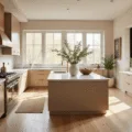 Spacious contemporary kitchen featuring warm beige shaker-style cabinets, brass hardware, and marble-topped island, all illuminated by golden hour natural light.