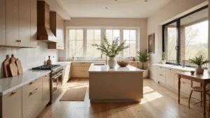 Mastering Beige Kitchen Cabinets: The Ultimate Styling and Photography Guide Spacious contemporary kitchen featuring warm beige shaker-style cabinets, brass hardware, and marble-topped island, all illuminated by golden hour natural light.