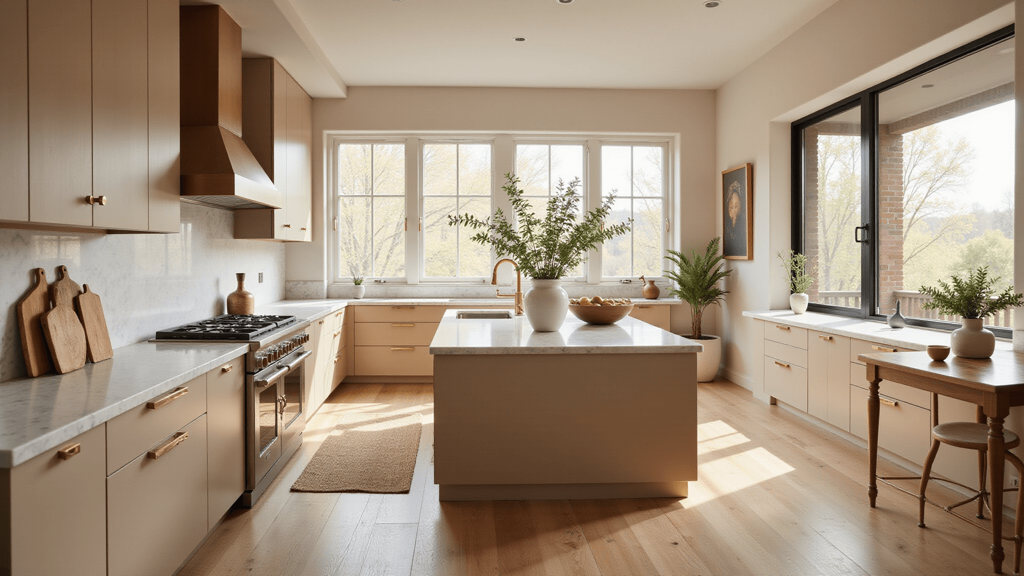 Spacious contemporary kitchen featuring warm beige shaker-style cabinets, brass hardware, and marble-topped island, all illuminated by golden hour natural light.