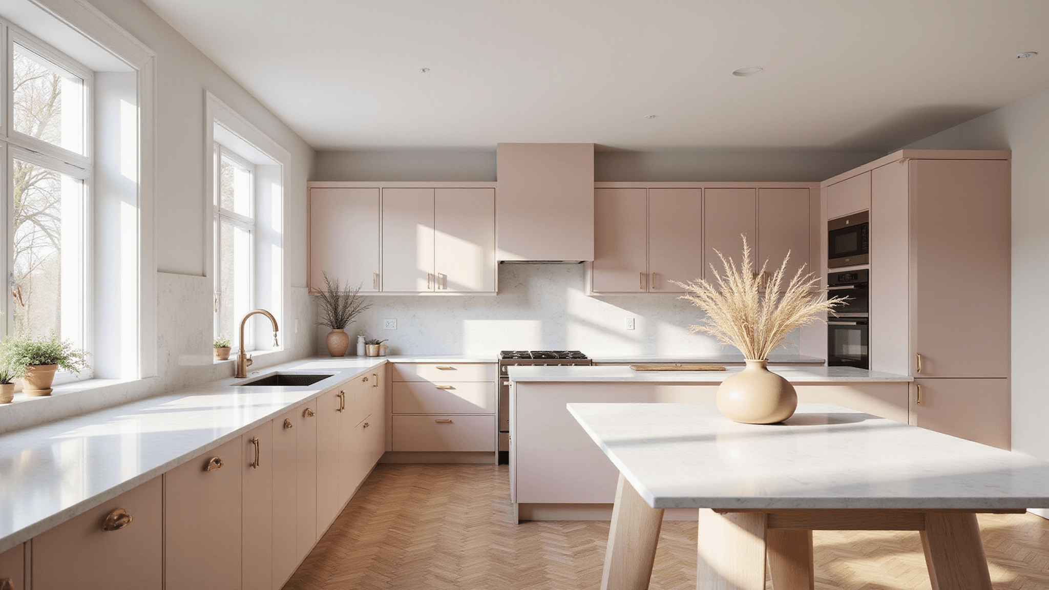 A modern Scandinavian kitchen with blush pink Shaker-style cabinets, white Carrara marble countertops, and herringbone oak floors, illuminated by morning sunlight. A center island features matte gold hardware and a vintage vase with pampas grass, showcasing a minimalist aesthetic with soft depth of field and hyper-detailed textures.