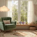 A sun-drenched boho reading nook featuring a sage green velvet armchair, large windows with sheer curtains, iridescent resin coasters, macramé wall hangings, a handmade LED cloud light, layered vintage rugs, potted monstera plants, and a punch needle textile throw, all illuminated by warm golden hour lighting.