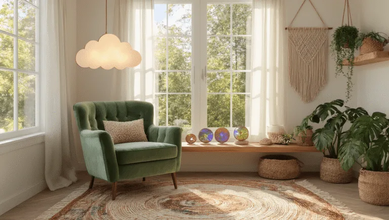 A sun-drenched boho reading nook featuring a sage green velvet armchair, large windows with sheer curtains, iridescent resin coasters, macramé wall hangings, a handmade LED cloud light, layered vintage rugs, potted monstera plants, and a punch needle textile throw, all illuminated by warm golden hour lighting.