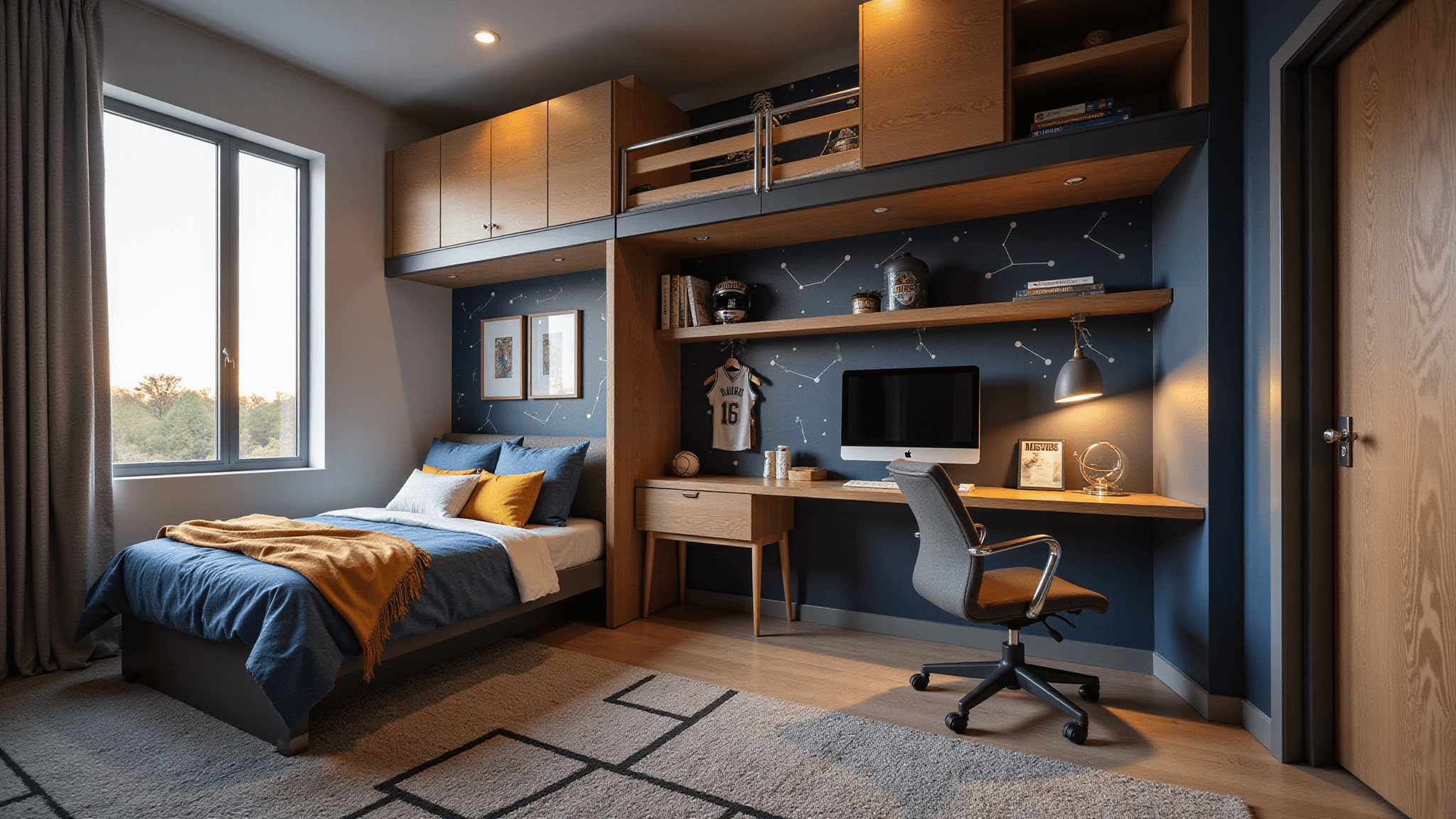 Photorealistic image of a multifunctional boy's bedroom featuring a modern loft bed with a desk, navy accent wall with constellation decals, sports memorabilia on shelves, industrial storage, a basketball hoop, and natural lighting highlighting areas for sleep, study, and play.