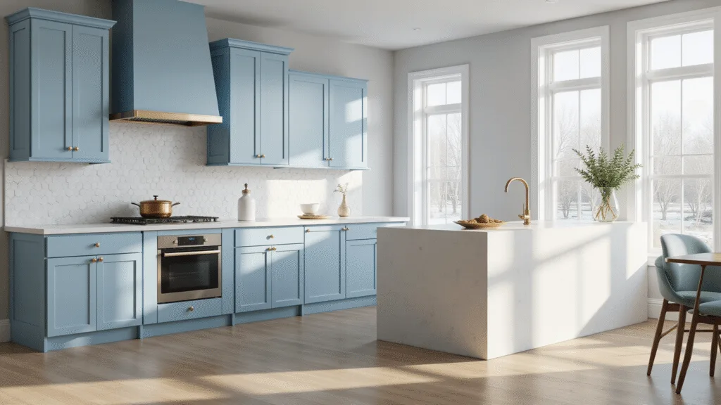 Light Blue Kitchen Cabinets: A Stunning Transformation Guide Photorealistic image of a sunlit modern kitchen with powder blue Shaker-style cabinets, a white quartz waterfall island, and wide-plank white oak flooring, featuring dramatic east-facing windows, marble hexagon backsplash, and styled with copper cookware and white ceramic vases.