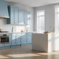 Photorealistic image of a sunlit modern kitchen with powder blue Shaker-style cabinets, a white quartz waterfall island, and wide-plank white oak flooring, featuring dramatic east-facing windows, marble hexagon backsplash, and styled with copper cookware and white ceramic vases.