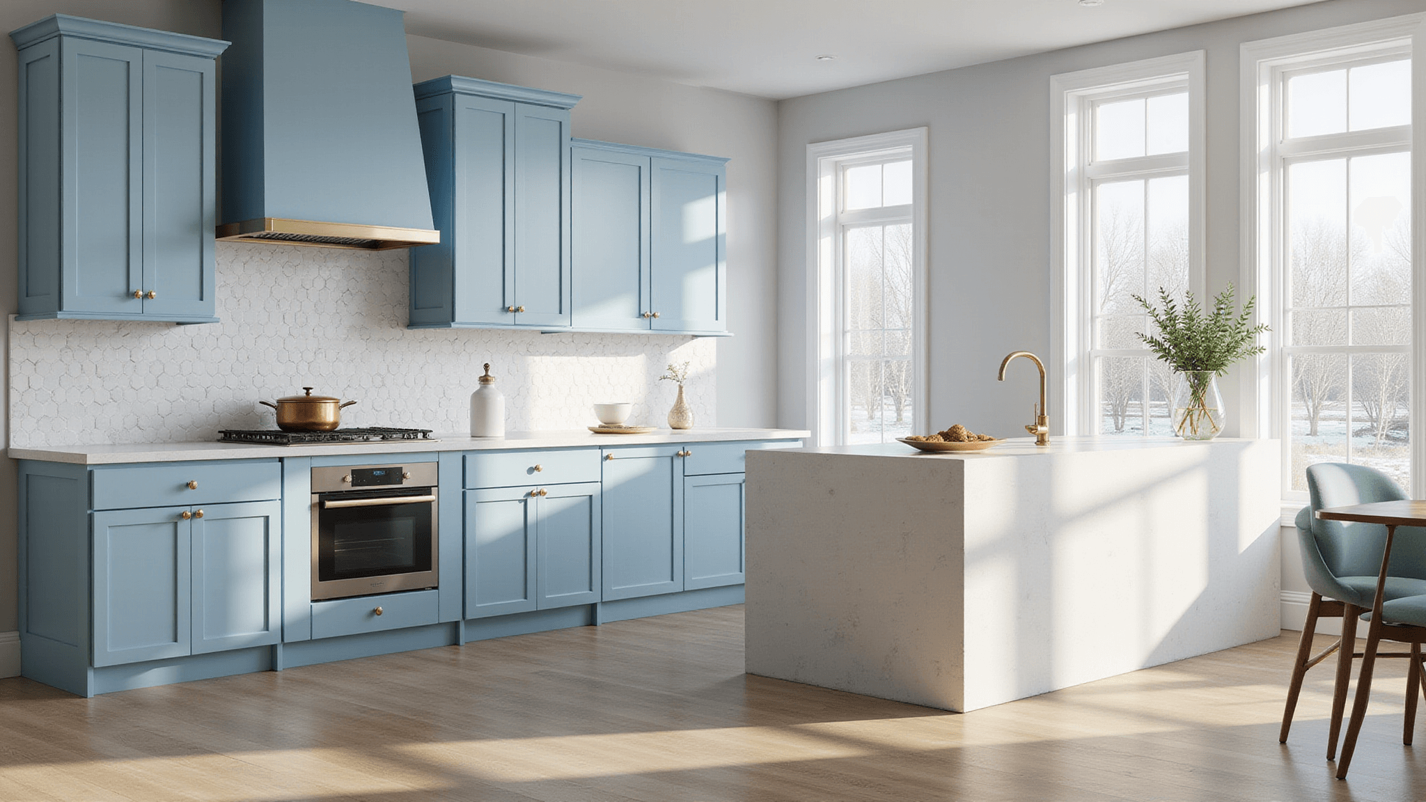 Photorealistic image of a sunlit modern kitchen with powder blue Shaker-style cabinets, a white quartz waterfall island, and wide-plank white oak flooring, featuring dramatic east-facing windows, marble hexagon backsplash, and styled with copper cookware and white ceramic vases.