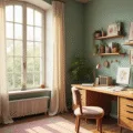 A serene home office nook with a rustic wooden desk, organized embroidery supplies, and natural light streaming through sheer curtains, highlighted by warm tones and soft bokeh.