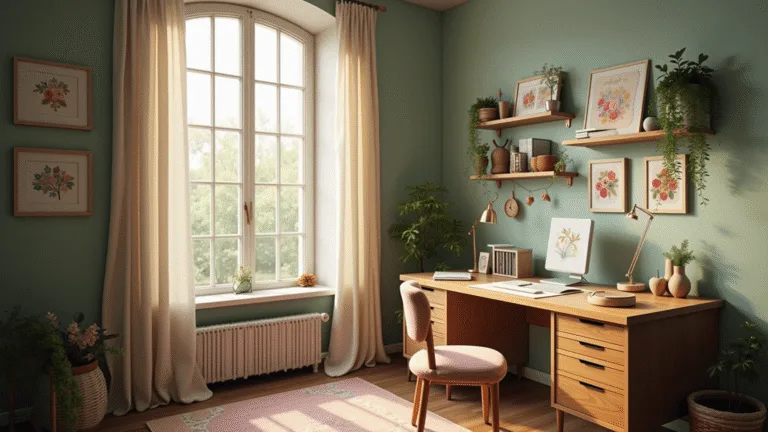 A serene home office nook with a rustic wooden desk, organized embroidery supplies, and natural light streaming through sheer curtains, highlighted by warm tones and soft bokeh.