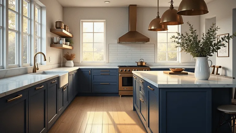 A modern farmhouse kitchen featuring deep navy blue cabinets with brushed brass hardware and white marble countertops, illuminated by warm morning sunlight through large windows, with a butcher block island, floating oak shelves displaying copper cookware, and fresh eucalyptus in white ceramic vases.