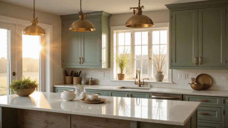 Cinematic interior of a sun-drenched modern farmhouse kitchen with sage green cabinets, brass hardware, and white quartz countertops, featuring a weathered oak island and vintage-style pendant lights, captured in ultra-high resolution with hyperrealistic details and warm golden tones.