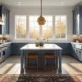 Photorealistic interior of a modern farmhouse kitchen featuring blue-gray Shaker cabinets, white quartz countertops, and leather barstool seating, illuminated by golden hour sunlight, with oak flooring and decorative elements including copper cookware and fresh herbs.