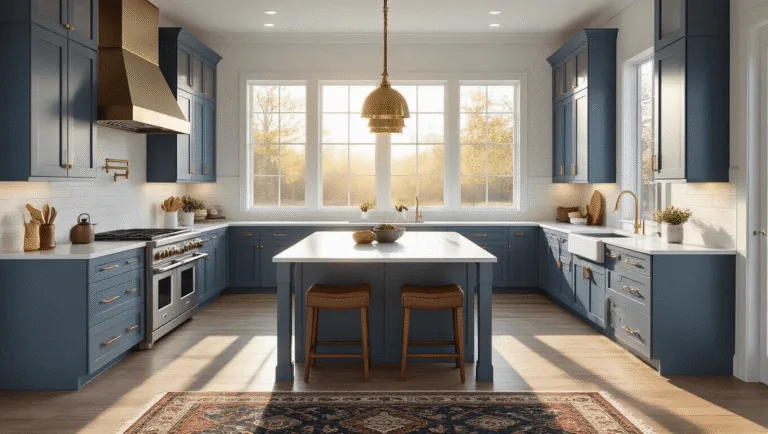 Photorealistic interior of a modern farmhouse kitchen featuring blue-gray Shaker cabinets, white quartz countertops, and leather barstool seating, illuminated by golden hour sunlight, with oak flooring and decorative elements including copper cookware and fresh herbs.