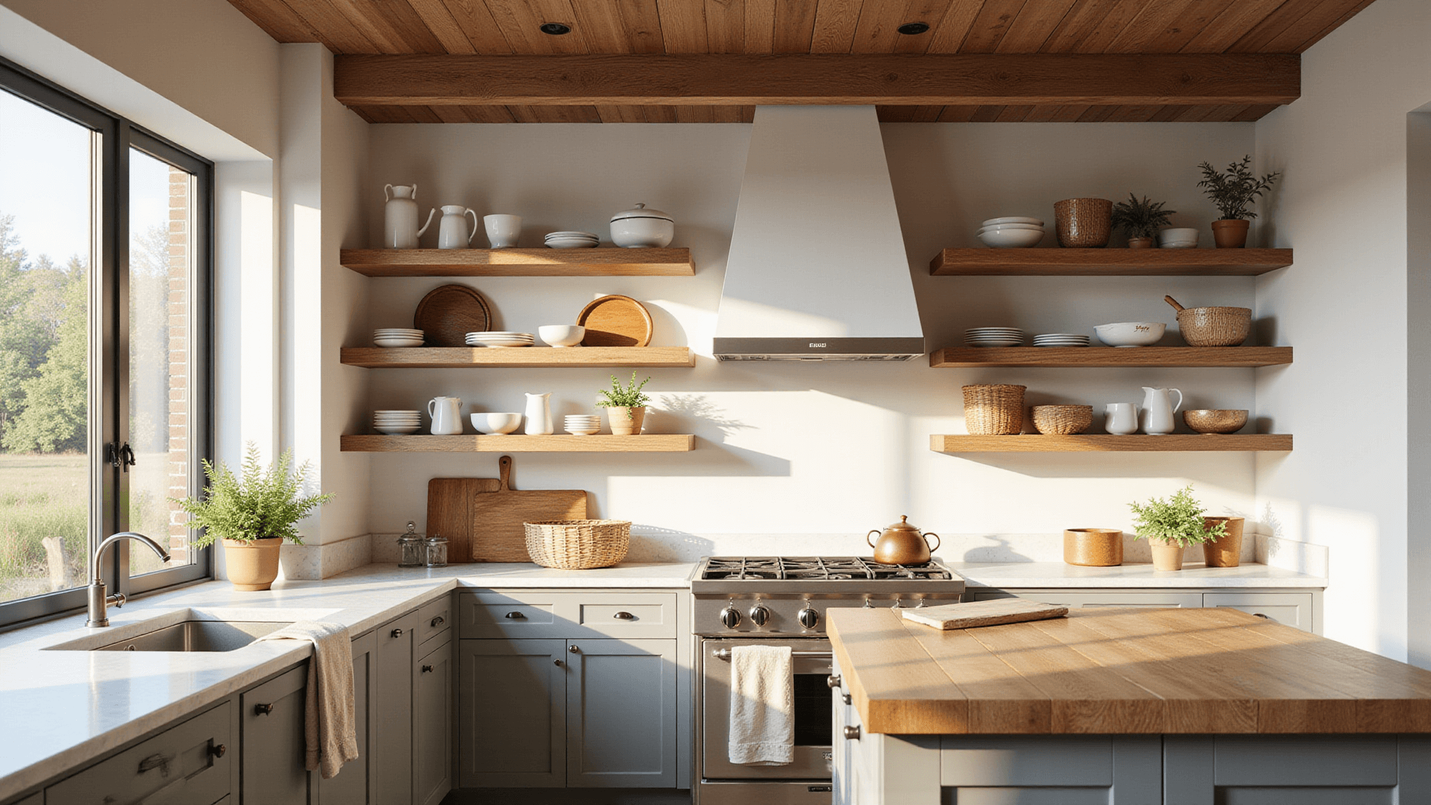 A sunlit modern farmhouse kitchen with open weathered oak shelving, white walls, and a butcher block island, styled with vintage white ceramics and copper cookware, featuring oversized windows, vaulted ceilings with wooden beams, and a warm neutral color palette.