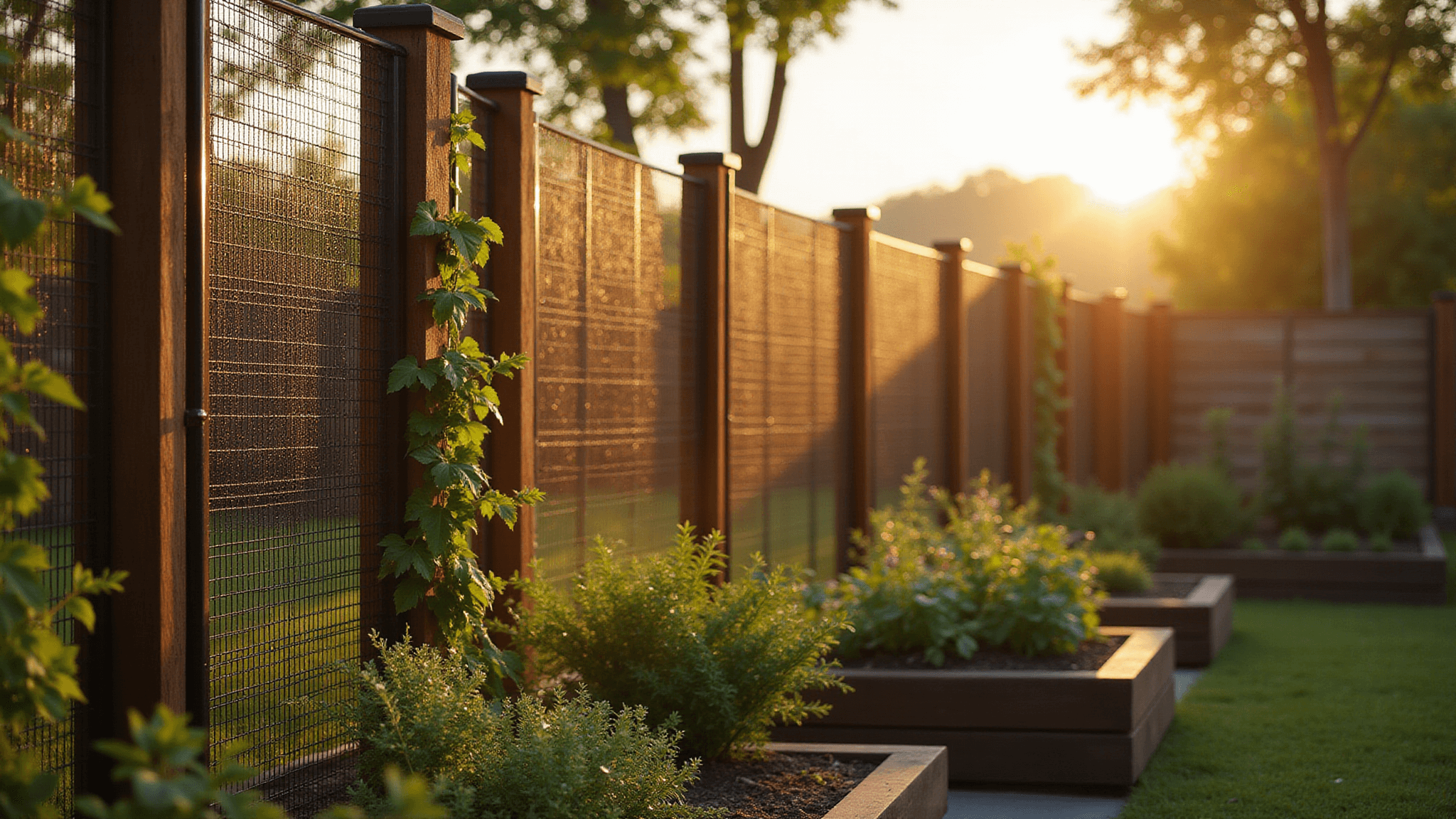 Photorealistic wide-angle shot of a contemporary cedar garden fence at golden hour, featuring black wire mesh panels and climbing jasmine vines, with raised vegetable beds and soft bokeh in the background.