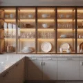 Luxury kitchen featuring floor-to-ceiling glass cabinets illuminated by golden hour light, showcasing white porcelain dinnerware, crystal stemware, and copper accents against cool marble countertops and warm oak flooring.