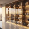 A luxurious modern kitchen at golden hour featuring floor-to-ceiling glass-front cabinets with chrome frames, organized porcelain and ceramics, warm sunlight on white quartz countertops, and dramatic depth of field.