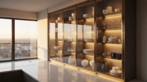 Glass Cabinets for Kitchens: Transform Your Space with Stunning Transparency A luxurious modern kitchen at golden hour featuring floor-to-ceiling glass-front cabinets with chrome frames, organized porcelain and ceramics, warm sunlight on white quartz countertops, and dramatic depth of field.