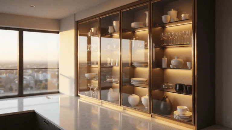 A luxurious modern kitchen at golden hour featuring floor-to-ceiling glass-front cabinets with chrome frames, organized porcelain and ceramics, warm sunlight on white quartz countertops, and dramatic depth of field.
