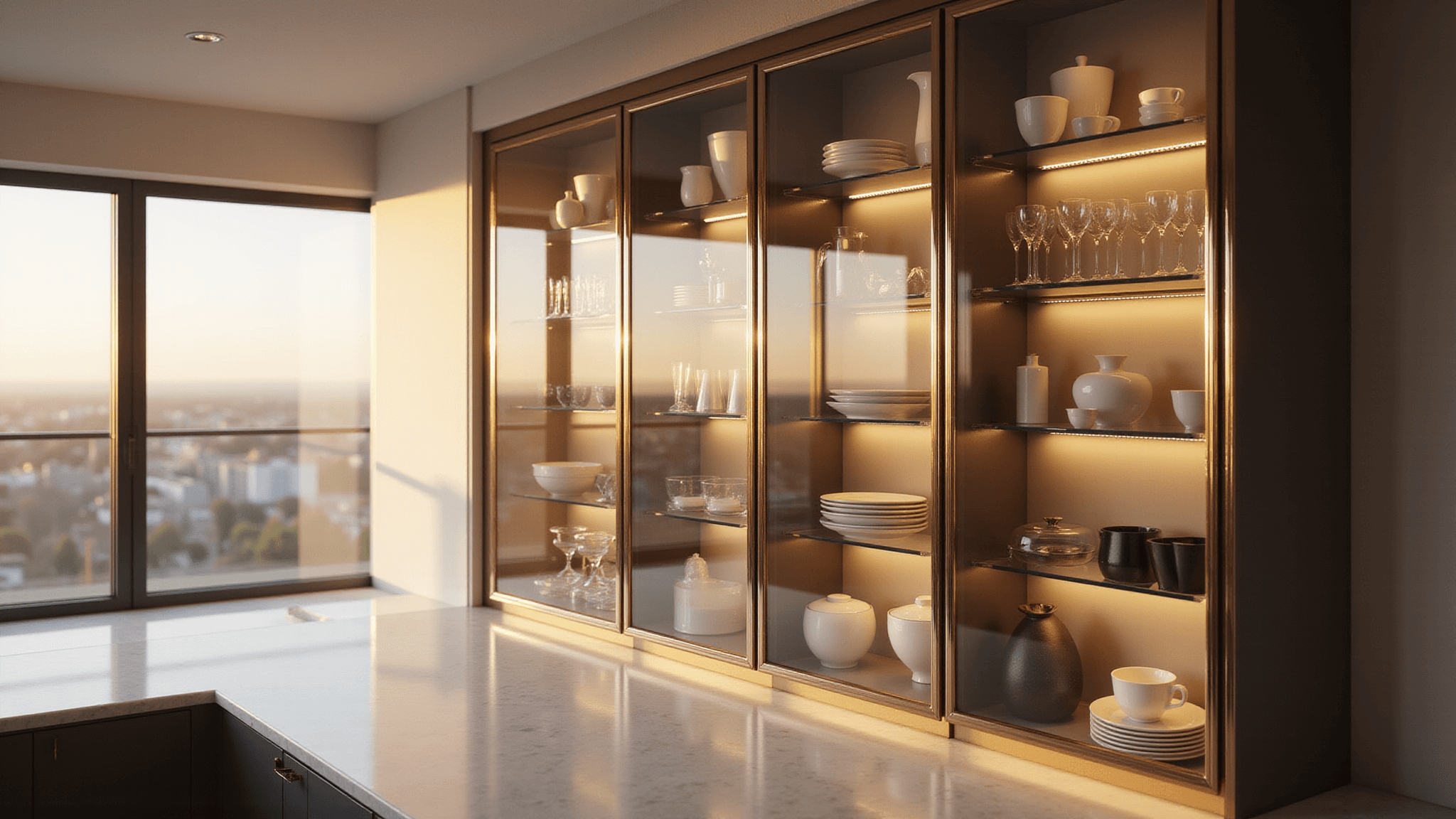 A luxurious modern kitchen at golden hour featuring floor-to-ceiling glass-front cabinets with chrome frames, organized porcelain and ceramics, warm sunlight on white quartz countertops, and dramatic depth of field.
