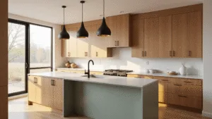 Honey Oak Kitchen Cabinets: Your Ultimate Modern Makeover Guide A bright contemporary kitchen featuring honey oak cabinets, a sage green island, and warm golden hour sunlight streaming through large windows, accented by black hardware and brushed brass details.