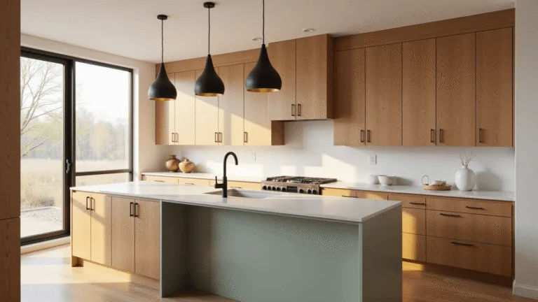 A bright contemporary kitchen featuring honey oak cabinets, a sage green island, and warm golden hour sunlight streaming through large windows, accented by black hardware and brushed brass details.
