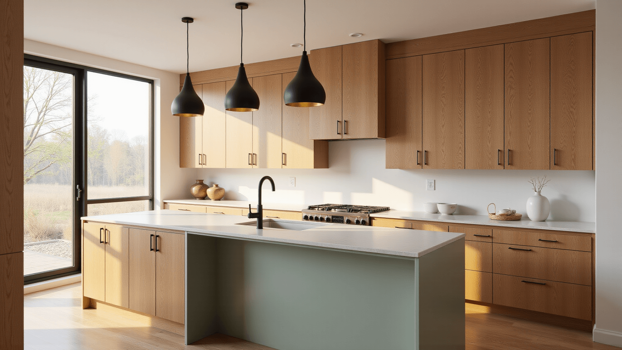 A bright contemporary kitchen featuring honey oak cabinets, a sage green island, and warm golden hour sunlight streaming through large windows, accented by black hardware and brushed brass details.