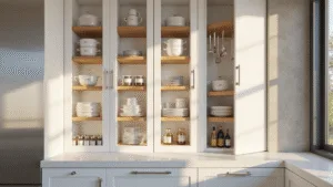 How to Organize Kitchen Cabinets Like a Pro: Your Ultimate Guide to Stress-Free Storage Photorealistic modern kitchen cabinet organization with clear glass-front doors showcasing labeled storage containers, bamboo risers, and neatly arranged cookware, illuminated by natural sunlight and professional studio lighting.