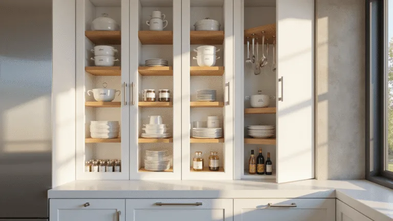 Photorealistic modern kitchen cabinet organization with clear glass-front doors showcasing labeled storage containers, bamboo risers, and neatly arranged cookware, illuminated by natural sunlight and professional studio lighting.