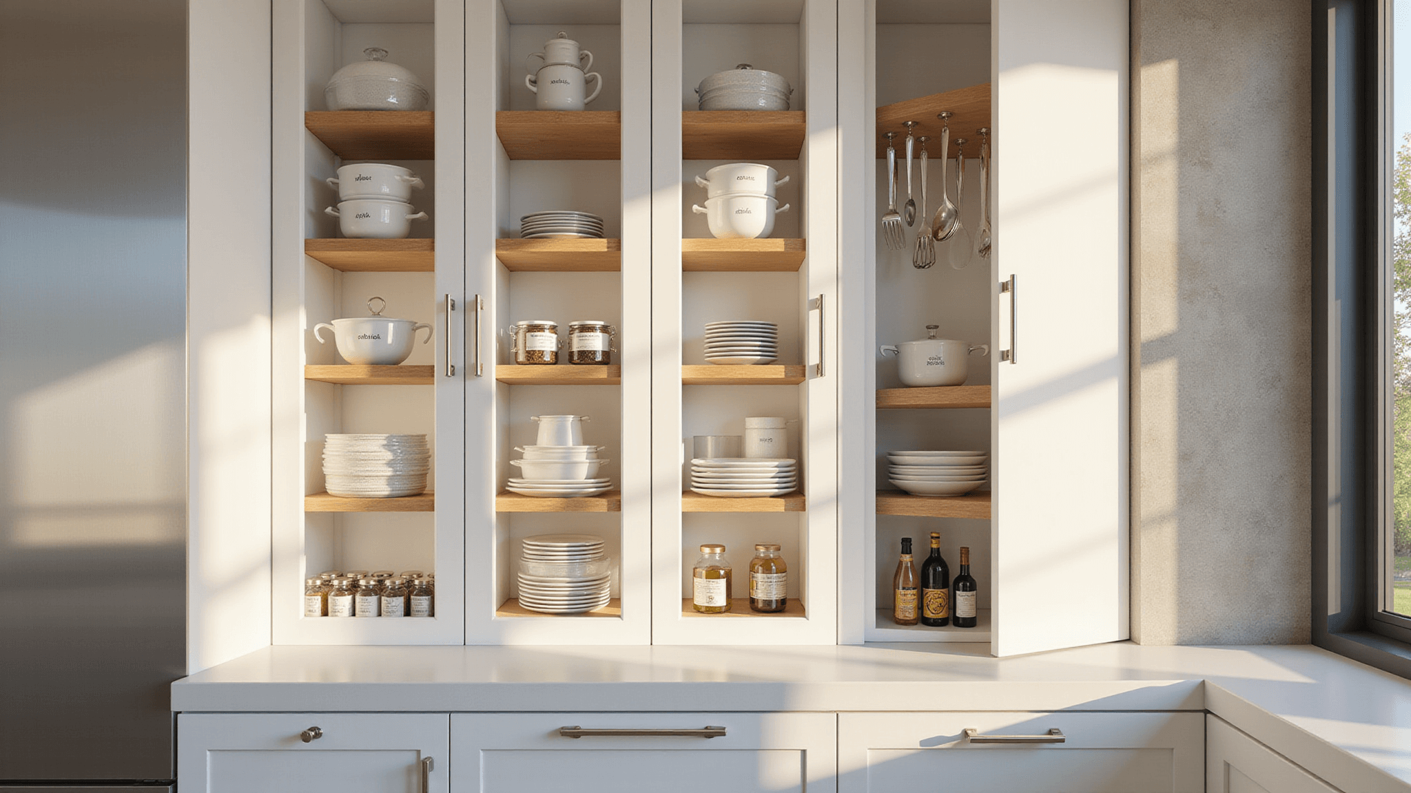 Photorealistic modern kitchen cabinet organization with clear glass-front doors showcasing labeled storage containers, bamboo risers, and neatly arranged cookware, illuminated by natural sunlight and professional studio lighting.