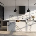 Photorealistic modern kitchen featuring black lower cabinets, white upper cabinets, a white marble waterfall island, matte black pendant lights, stainless steel appliances, and herringbone flooring, illuminated by morning sunlight streaming through large windows.