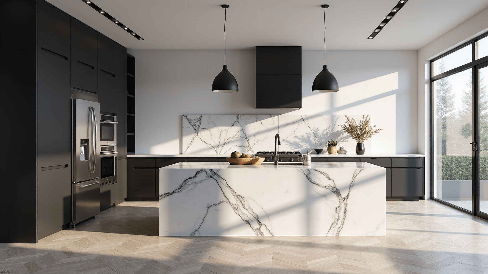 Photorealistic modern kitchen featuring black lower cabinets, white upper cabinets, a white marble waterfall island, matte black pendant lights, stainless steel appliances, and herringbone flooring, illuminated by morning sunlight streaming through large windows.