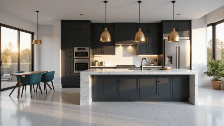 Photorealistic image of a modern luxury kitchen featuring dark charcoal grey cabinets, a large waterfall quartz island, and floor-to-ceiling windows, illuminated by brass pendant lights.