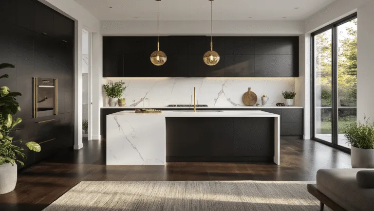 A luxurious contemporary kitchen featuring matte black aluminum cabinets, a white quartz waterfall island, and warm golden hour lighting filtering through large windows, with brushed gold fixtures and dark hardwood floors.