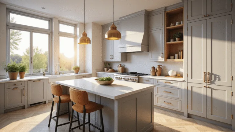 Photorealistic image of a luxurious kitchen featuring light gray Shaker-style cabinets, a white quartz waterfall island, and vintage brass pendant lights, illuminated by warm golden hour sunlight, highlighting rich textures and styled vignettes.