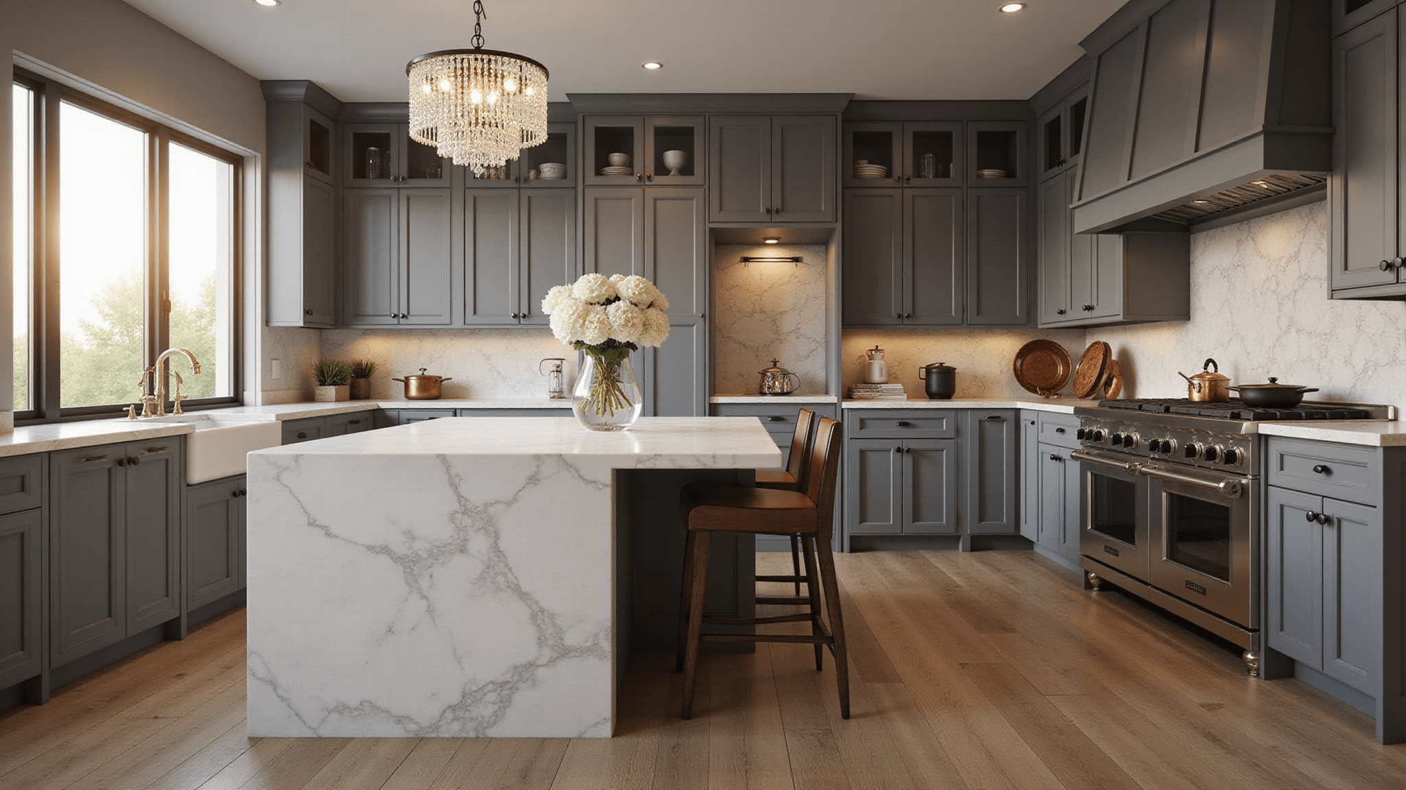 A luxurious modern kitchen featuring dove grey shaker cabinets, a white quartz waterfall island, and a marble hexagon backsplash, illuminated by golden hour light streaming through floor-to-ceiling windows, with ambient lighting from a crystal chandelier and styled with white hydrangeas and vintage cookware.