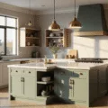 A luxurious modern kitchen featuring two-tone cabinetry with a sage green island and white perimeter cabinets, illuminated by natural light from floor-to-ceiling windows. The space showcases Calacatta marble countertops, brushed brass hardware, and matte black fixtures, with custom elements like a sage range hood and open white oak shelving.