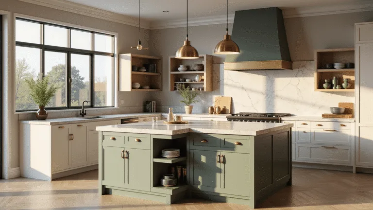 A luxurious modern kitchen featuring two-tone cabinetry with a sage green island and white perimeter cabinets, illuminated by natural light from floor-to-ceiling windows. The space showcases Calacatta marble countertops, brushed brass hardware, and matte black fixtures, with custom elements like a sage range hood and open white oak shelving.